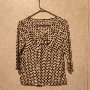 Kim Rogers Brown and White Tie Front Blouse 3/4 Sleeve